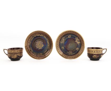 A pair of Wedgwood&nbsp; gilt Rockingham brown glazed Queensware cups and saucers, c1880,&nbsp;saucer 15cm diam, impressed ma