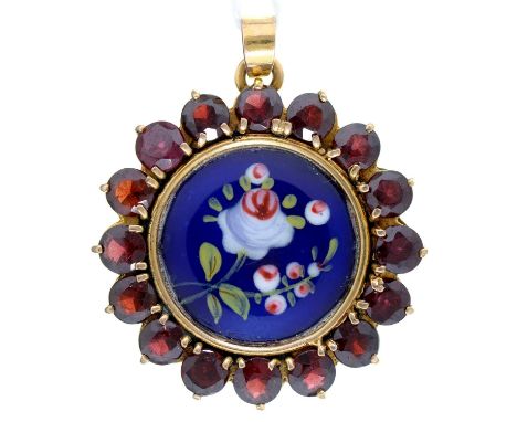 A garnet, gold and enamel pendant, painted with roses on a blue ground, 35mm diam, 11g  Good condition