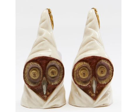Two Royal Worcester owl-in-a-nightcap candle snuffers, 1890, 76mm h, puce printed mark  One in good condition, the other with