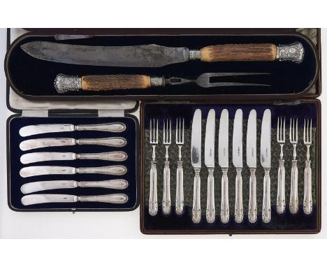 A set of six George V silver hafted dessert knives and forks, by J Nowill &amp; Sons, Sheffield 1910, cased, a set of six sil