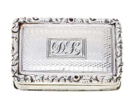 A George IV silver vinaigrette,&nbsp;engine turned, the lid with chased border, the circular frame to the engraved grille wit