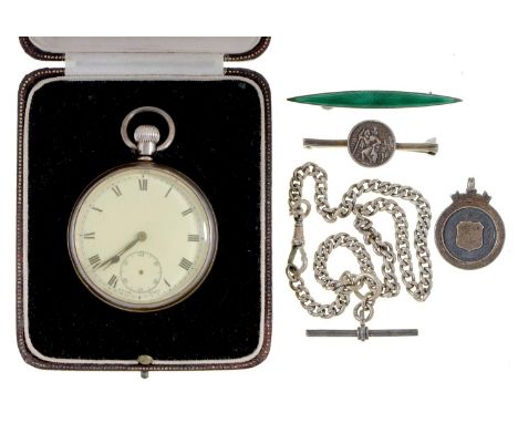 A silver keyless lever watch, with detachable back, 49mm diam, Birmingham 1933, a silver albert, silver watch fob shield, coi