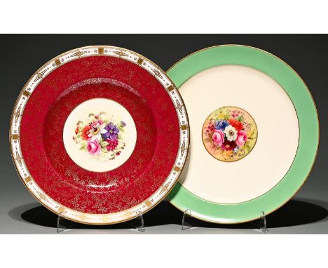 Two Royal Worcester plates, 1926 and 1933, each painted with a central group of flowers by E Phillips or Freeman, both signed