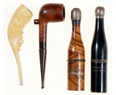 Two nickel plated metal mounted and stained wood champagne bottle novelty tobacco pipes, early 20th century, one impressed JE