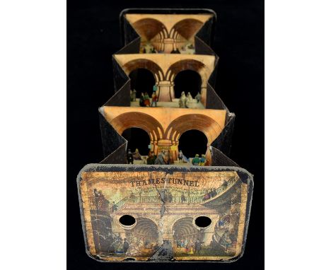 Paper Peepshow. Thames Tunnel [c1850-60]&nbsp;accordion folding peepshow with two cut out panels and front and back scenes, h