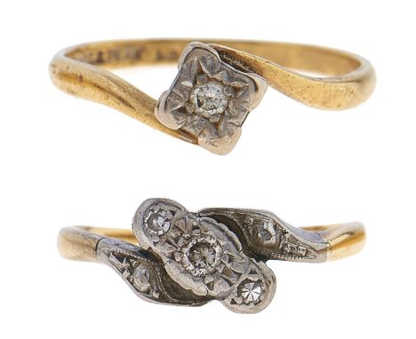 Two diamond rings, gold hoop marked 18ct PLAT, 4.3g, size K and Q  Both worn