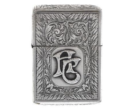 A Continental silver petrol lighter, c1930, foliate engraved and applied with monogram, 57cm h  Light wear and shallow dent a