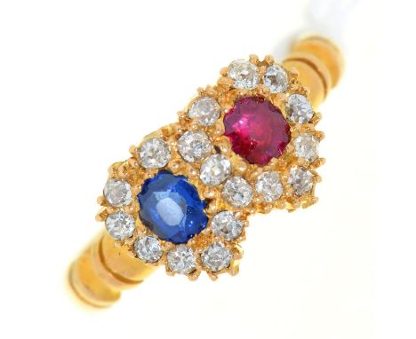 A ruby, sapphire and diamond linked hearts ring,&nbsp;in 18ct gold, part marked, 3g, size H  Good condition