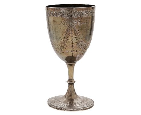 A Victorian silver goblet,&nbsp; engraved with festoons, on beaded foot, 17cm h, by G R Elkington, London 1867, 8ozs 4dwts  D