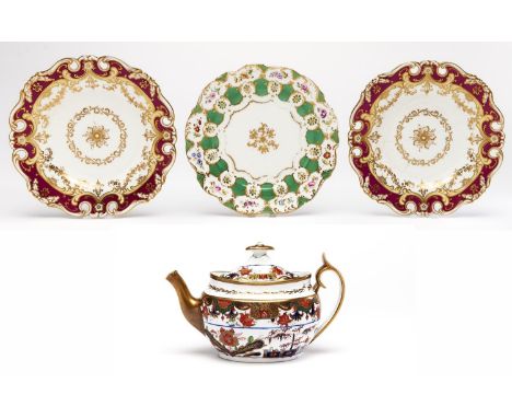 One and a pair of Staffordshire bone china dessert plates, mid 19th c and a Coalport oval Japan pattern teapot and cover, c18
