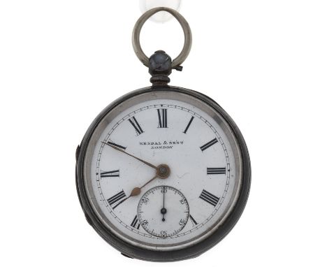 A silver lever watch, Kendal &amp; Dent, London, engine turned, 15mm, Birmingham 1888  Typical wear and dents on case back, b