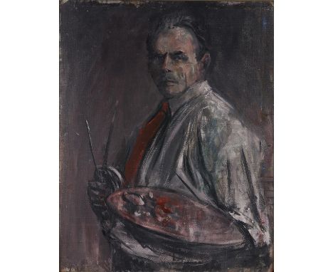 British School, 20th c - Portrait of the Artist (recto); (verso) Study for the Crucifixion, oil on board, 76 x 60cm  Good con