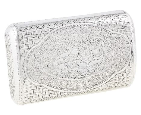 A George III silver snuff box,&nbsp; of slightly curved section, the lid engraved with leafy scrolls, the underside with cros