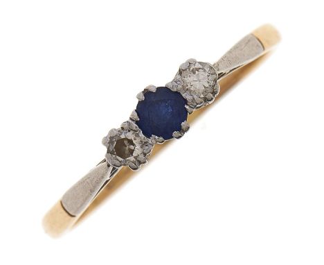 A three stone sapphire and diamond ring, gold hoop marked 18ct PLAT, 2.6g, size R  Light wear