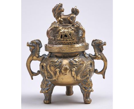 A Chinese brass tripod censer and cover, 19th / early 20th c, 14cm h  Good condition, old polish residues