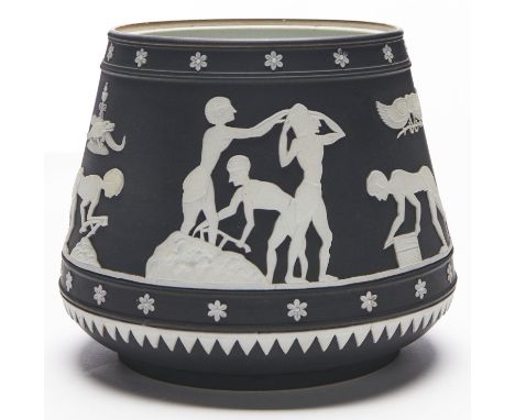 A Wedgwood black jasper dip&nbsp; biscuit barrel made for W T Lamb &amp; Sons, Brick &amp; Tile Manufacturers, London, early 