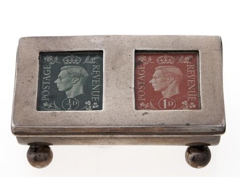 An Edwardian silver postage stamp case, on ball feet, 61mm l, by A &amp; J Zimmerman, Birmingham 1904, 1oz 5dwts  Good condit