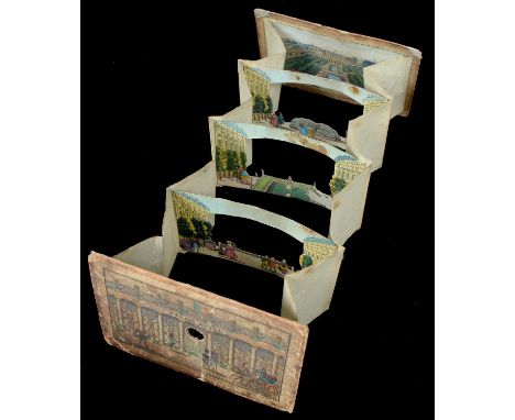 Paper Peepshow. Palais Royal, accordion folding peepshow with three cut out panels and front and back scenes, 96 x 135mm [c18