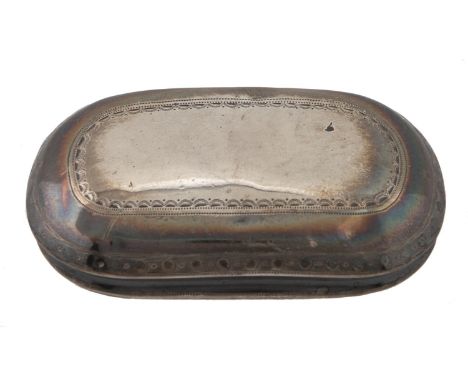 A George III silver snuff box,&nbsp;of slightly curved oblong shape, the lid to the crisply diaper engraved top incorporating