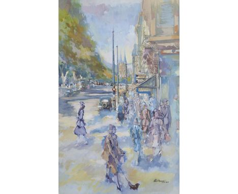 K Malthias (?) - Busy Continental Street Scene, watercolour with bodycolour, signed lower right, 62 x 39cm  