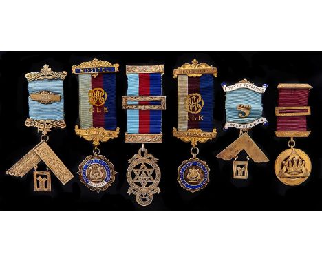 Freemasonry. Two silver gilt Past Master's jewels, two other masonic jewels and two RAOB silver and enamel jewels, various da