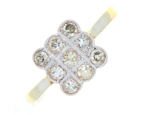 A diamond square cluster ring, millegrain set, gold hoop marked [18] &amp; PT, 2.2g, size K  Slight wear scratches