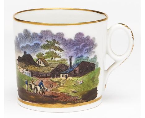 A Newhall coffee can, c1815-20, of bute shape with coloured bat print, the rims and handles gilt, 63mm h  Good condition. An 