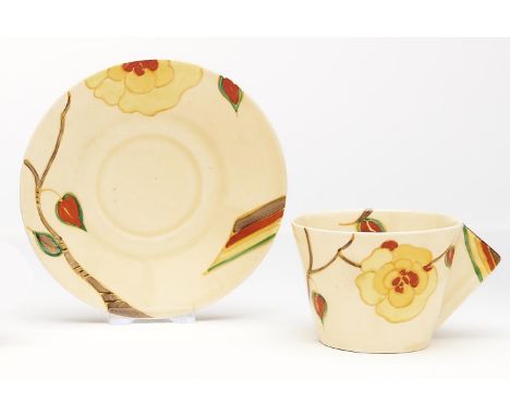 Clarice Cliff. An A J Wilkinson Yellow Rose conical cup and saucer, 1931, saucer 12.5cm diam, printed mark  Good condition