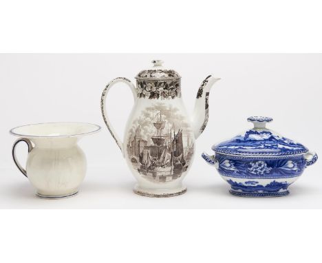 A Wedgwood Queensware spittoon, c1820, with blue enamel rims, 10cm h, impressed mark, a Wedgwood blue printed earthenware&nbs