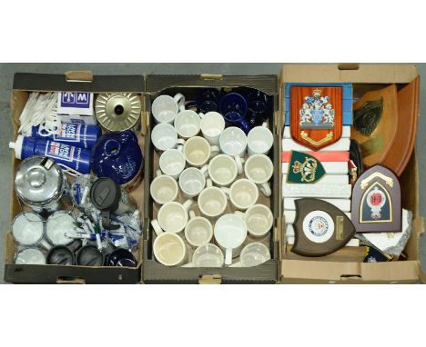 A quantity of Royal Navy ceramic mugs, enamel mugs and advertising items, including spaghetti stick, pens, torches and a quan
