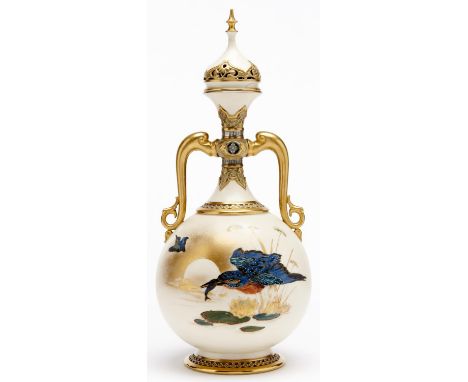 A Royal Worcester 'Persian' vase and reticulated cover, c1882, decorated with kingfishers on an ivory ground between moulded 