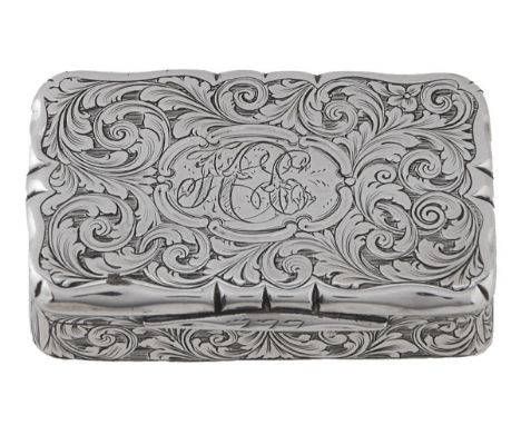 A Victorian silver snuff box, engraved with foliate scrolls, the lid reserved with cartouche and contemporary initials HC, sh
