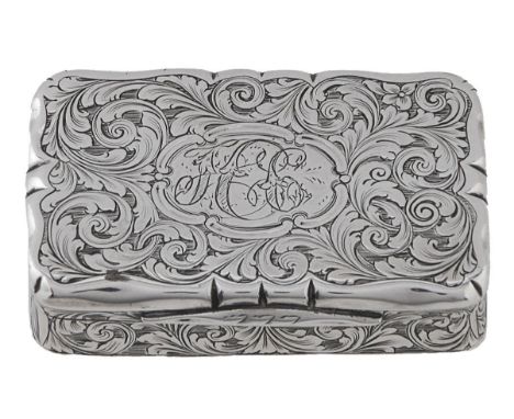 A Victorian silver snuff box, engraved with foliate scrolls, the lid reserved with cartouche and contemporary initials HC, sh