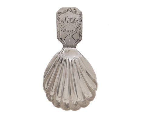 A George III bright cut silver caddy spoon, with shell bowl, 60mm l, by Elizabeth Morley, London 1797, 2dwts  Good condition