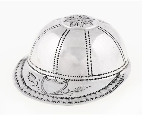 A George III silver jockey cap novelty caddy spoon,&nbsp; realistically engraved, 48mm, maker IT, Birmingham 1798, 4.6dwts  L