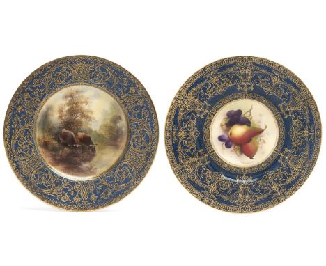 Two Royal Worcester plates, 1921 and 1923, painted R Sebright, signed, or with fruit by J Stinton, signed, with cattle wateri