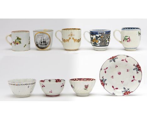 A Lowestoft polychrome coffee can, four Worcester and other coffee cups and two tea bowls and saucers, c1770-1800,  the coffe