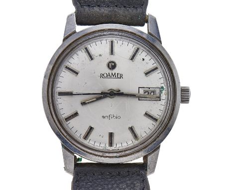 A Roamer stainless steel gentleman's wristwatch, Anfibio, with date, maker's windng crown, 34mm, on a leather strap  Not in w