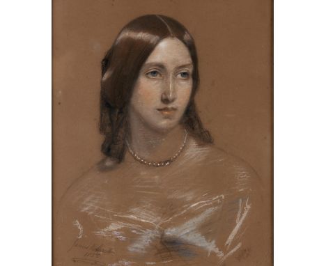 James Rannie Swinton (1816-1888) - Portrait of a Woman, bust length in a pearl necklace, signed and dated 1850, white and col