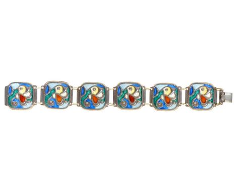 A Norwegian&nbsp;silver and enamel bracelet, c1960,&nbsp;of six square panels, 17cm l, by Oystein Balle, maker's mark, 25.4g 