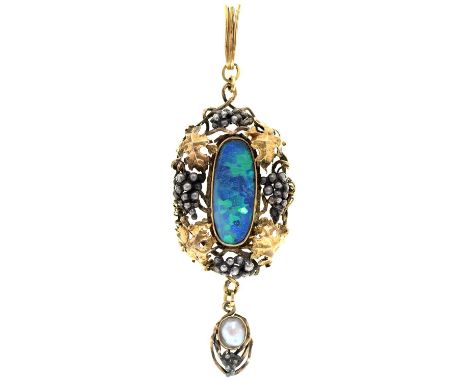 An Art Nouveau opal, blister pearl and gold and silver openwork brooch-pendant, c1910,&nbsp; the black opal doublet in grapes