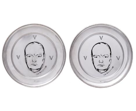 Two Elizabeth II silver Churchill Centenary Plates, designed by Pietro Annigoni, 25.5cm diam, by The Pobjoy Mint, Birmingham 