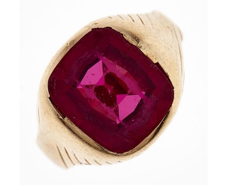 A synthetic ruby signet ring, in gold, 9.3g, size T  Wear consistent with age and slight wear to facets on synthetic ruby