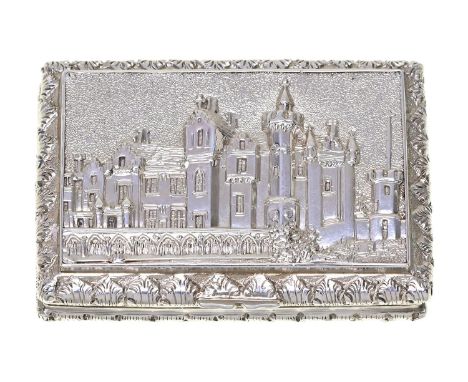 A Victorian silver 'castle top' vinaigrette,&nbsp;the lid inset with relief stamped panel of Abbotsford, the home of Sir Walt