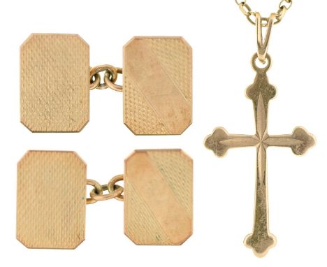 A pair of 9ct gold cufflinks, engine turned, 9 x 14mm, Birmingham 1951 and a 9ct gold cross and necklet, 7.4g (4)  Light wear