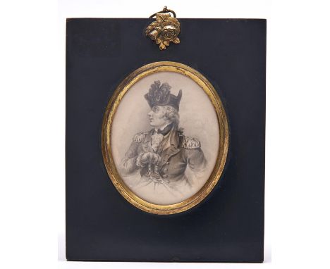 British School - Portrait Miniature of an Officer, en grisaille, oval, 72mm, papier mache frame with rose hanger  Good condit