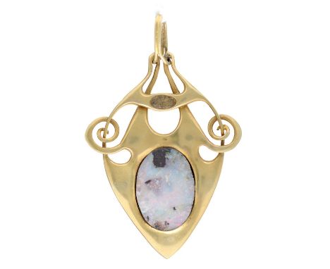 An Art Nouveau opal and gold openwork pendant, c1910,&nbsp; 47mm, 6.9g  Opal scratched/worn and possibly associated, pendant 