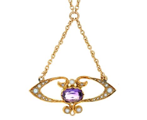 An amethyst and split pearl openwork pendant, early 20th c,&nbsp;in gold, 26mm, marked 15, on integral gold necklet, also mar