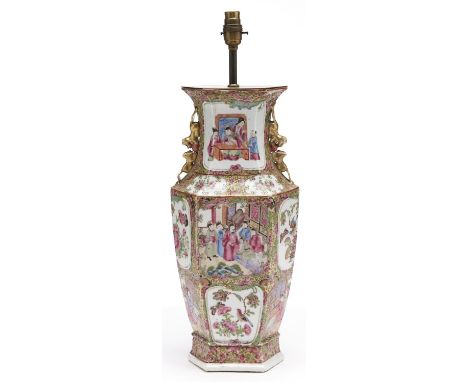 A Chinese Canton famille rose vase, 19th c,&nbsp;&nbsp; of hexagonal section and typically decorated, 33.5cm h excluding late