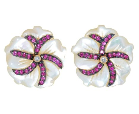 A pair of ruby, diamond and carved mother of pearl earrings in the form of a flower, mounted in gold, 20mm, marked 750, 10.5g